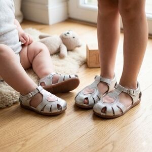 Two Pretty Handcrafted Silver Leather Sandals With Pink Heart